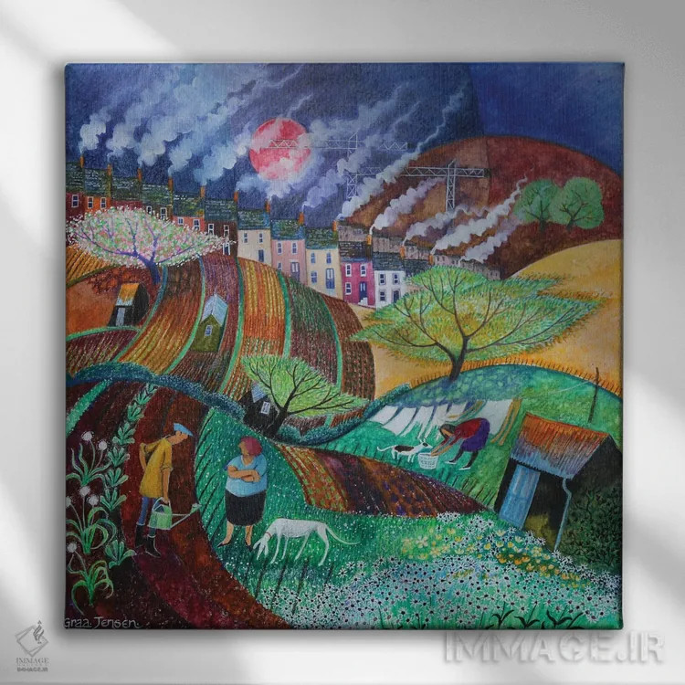 تابلو دودکشهای دودی، ۲۰۱۸ اثر لیزا گرا یِنسن - نمای روبهرو روی دیوار