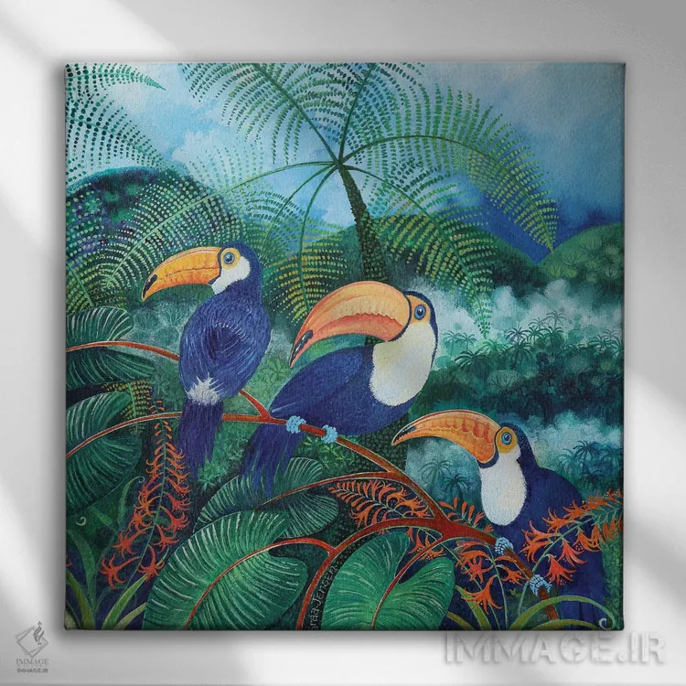 تابلو توکانها، ۲۰۱۲ (پرندگان گرمسیری) اثر لیزا گرا یِنسن - نمای روبهرو روی دیوار