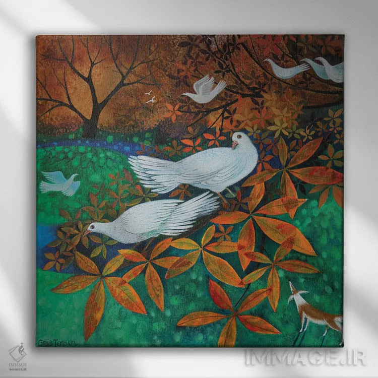 تابلو کبوتران سفید، ۲۰۱۶ اثر لیزا گرا یِنسن - نمای روبهرو روی دیوار