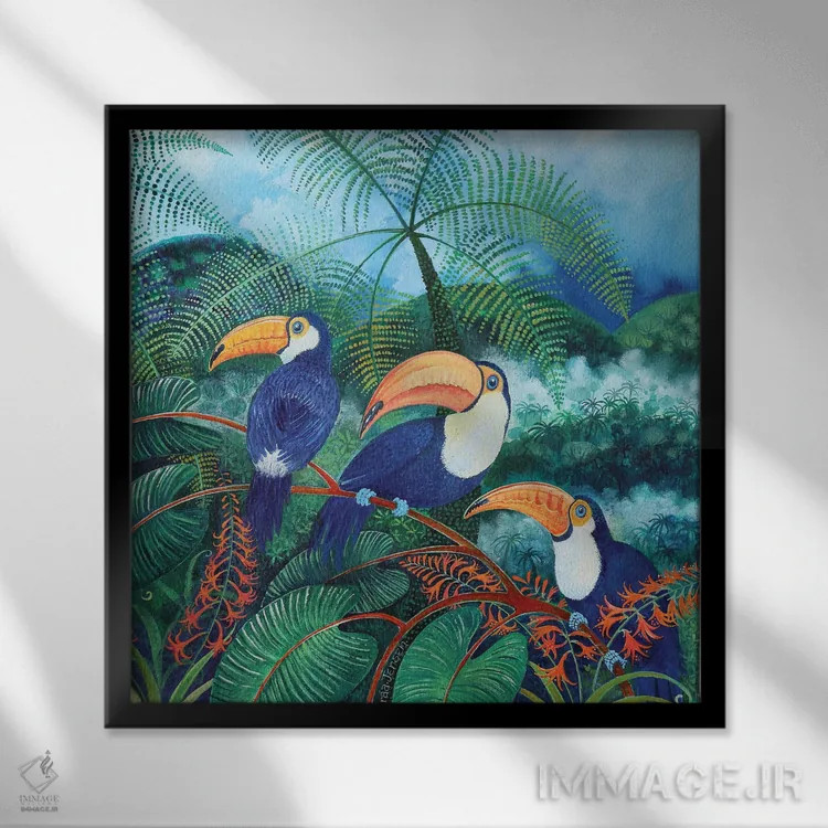 تابلو توکانها، ۲۰۱۲ (پرندگان گرمسیری) اثر لیزا گرا یِنسن - نمای قابدار مشکی