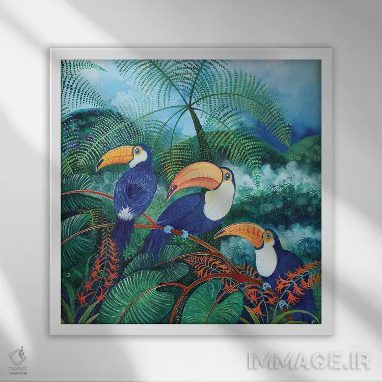 تابلو توکانها، ۲۰۱۲ (پرندگان گرمسیری) اثر لیزا گرا یِنسن - نمای قابدار سفید