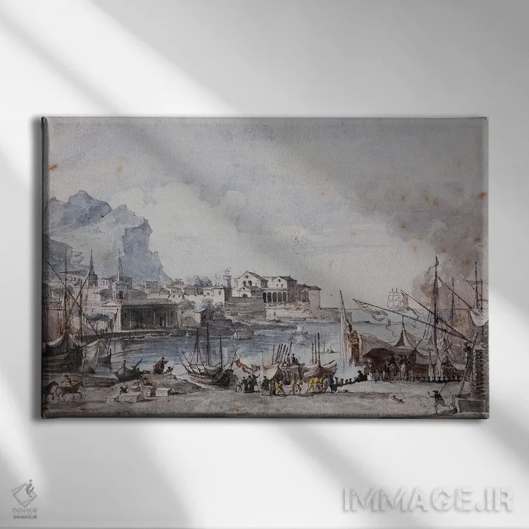 تابلو نمایی از بندر پالرمو، ۱۷۷۷ (ایتالیا) اثر آنری اوژن اوگوستین لو سیدانر - نمای روبهرو روی دیوار