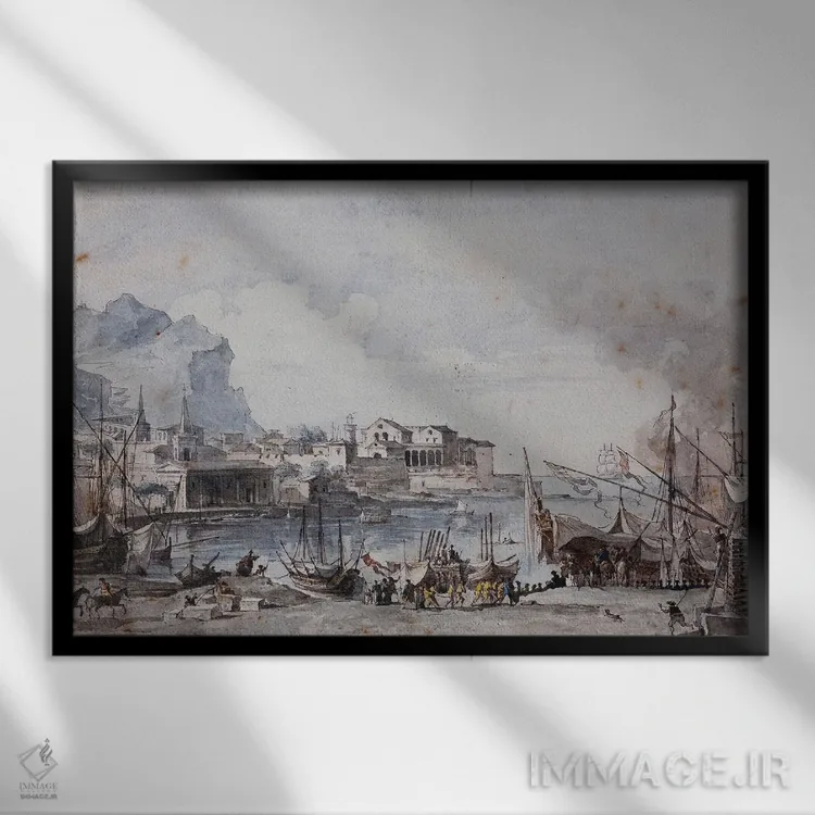 تابلو نمایی از بندر پالرمو، ۱۷۷۷ (ایتالیا) اثر آنری اوژن اوگوستین لو سیدانر - نمای قابدار مشکی