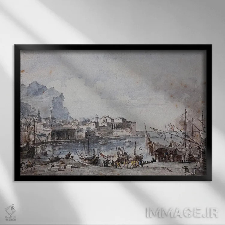تابلو نمایی از بندر پالرمو، ۱۷۷۷ (ایتالیا) اثر آنری اوژن اوگوستین لو سیدانر - نمای قابدار مشکی