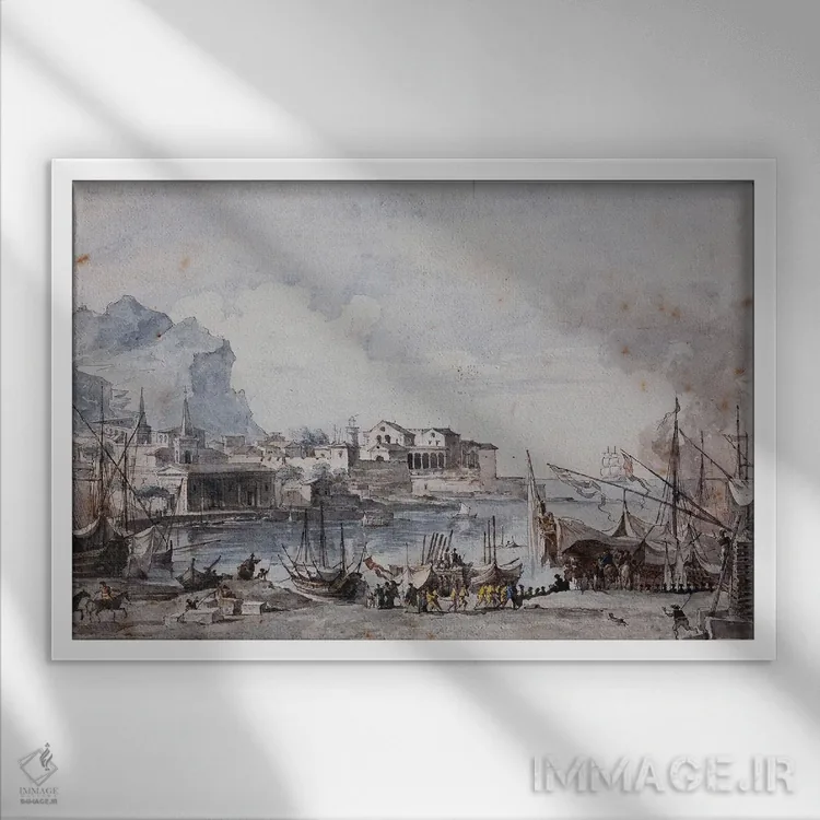 تابلو نمایی از بندر پالرمو، ۱۷۷۷ (ایتالیا) اثر آنری اوژن اوگوستین لو سیدانر - نمای قابدار سفید