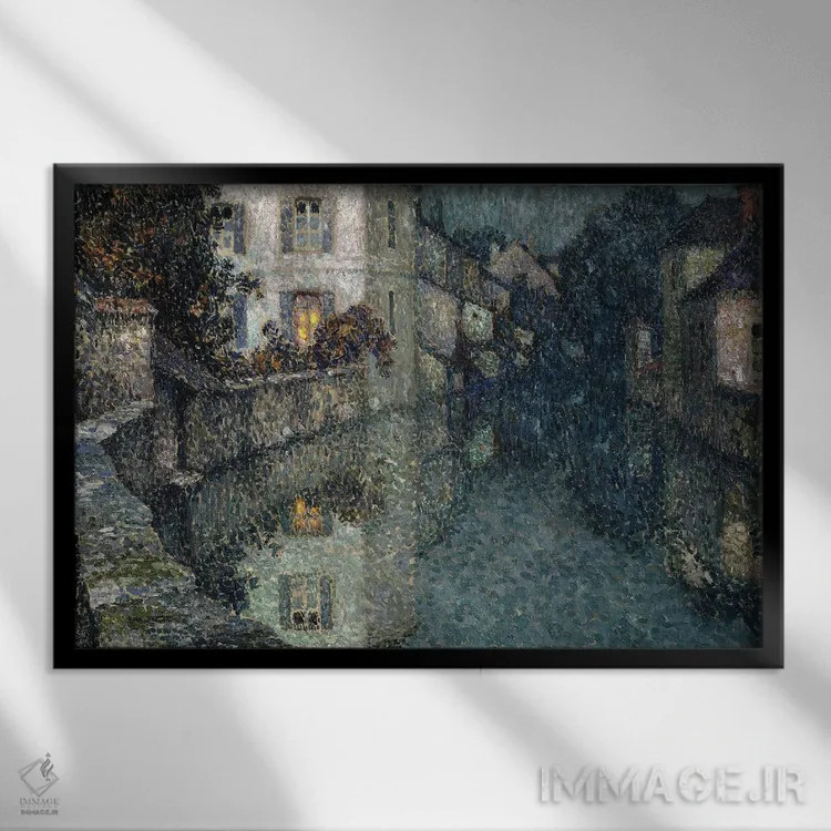 تابلو خانههای کنار کانال، نمور (فرانسه) اثر آنری اوژن اوگوستین لو سیدانر - نمای قابدار مشکی