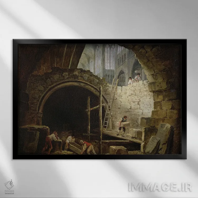تابلو غارت سردابههای سلطنتی سن دنی، اکتبر ۱۷۹۳ (فرانسه) اثر هوبرت روبر - نمای قابدار مشکی