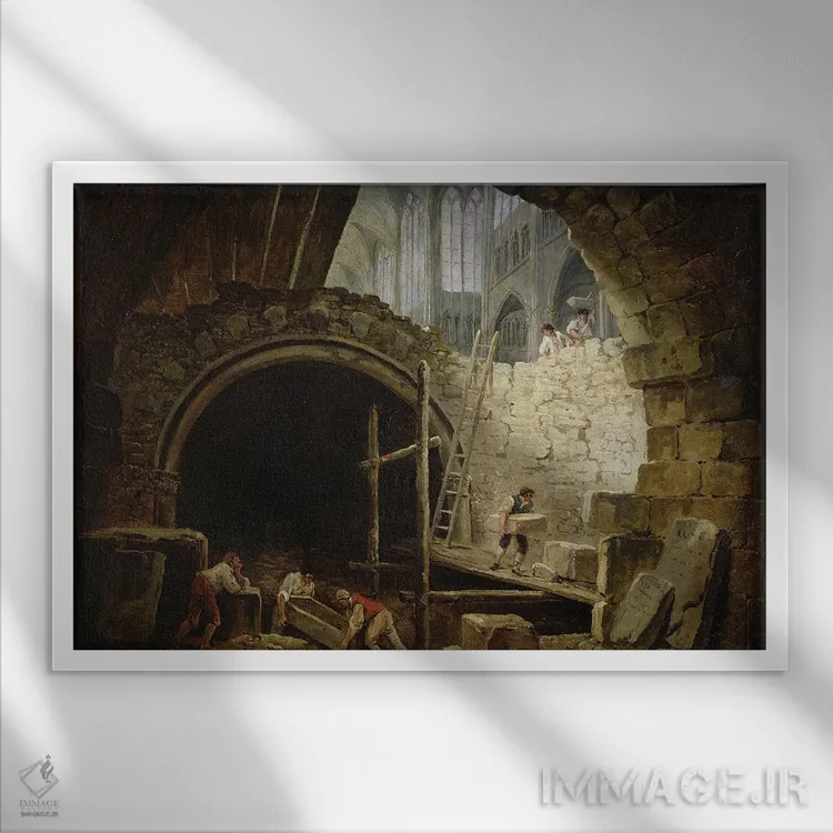 تابلو غارت سردابههای سلطنتی سن دنی، اکتبر ۱۷۹۳ (فرانسه) اثر هوبرت روبر - نمای قابدار سفید