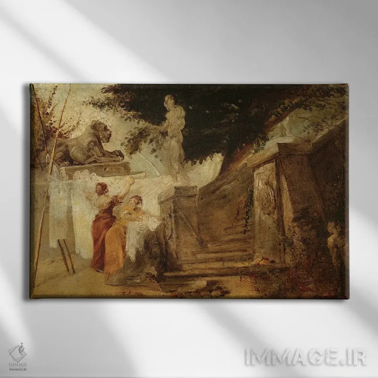 تابلو C.1756-61,زنهای رختشو در باغ، حدود ۱۷۵۶-۱۷۶۱ اثر هوبرت روبر - نمای روبهرو روی دیوار