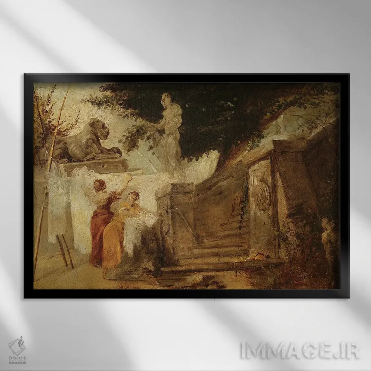 تابلو C.1756-61,زنهای رختشو در باغ، حدود ۱۷۵۶-۱۷۶۱ اثر هوبرت روبر - نمای قابدار مشکی