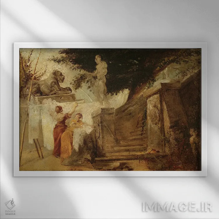 تابلو C.1756-61,زنهای رختشو در باغ، حدود ۱۷۵۶-۱۷۶۱ اثر هوبرت روبر - نمای قابدار سفید