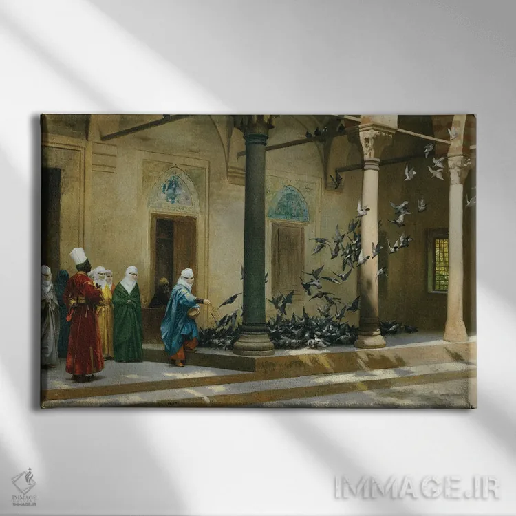 تابلو زنان حرمسرا در حال غذا دادن به کبوتران در حیاط اثر ژان لئون ژروم (نقاش فرانسوی) - نمای روبهرو روی دیوار
