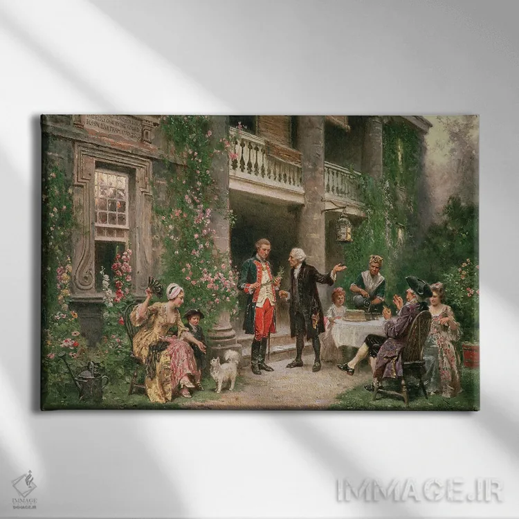 تابلو بازدید جورج واشنگتن از باغ بارترام در ۱۷۸۷ اثر ژان لئون ژروم فریس - نمای روبهرو روی دیوار