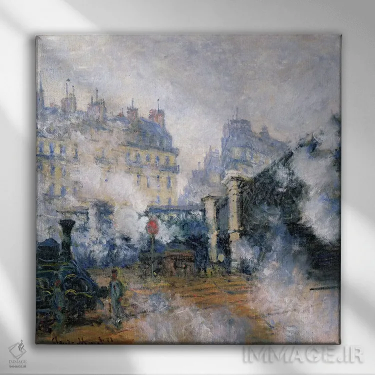 تابلو Gare Saint-Lazare, 1877,پل اروپا، ایستگاه سن لازار، ۱۸۷۷ اثر کلود مونه (نقاش معروف فرانسوی) - نمای روبهرو روی دیوار