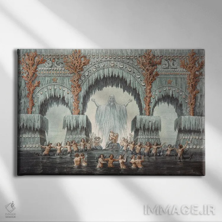 تابلو Set Design For A Production Of 'Undine',کاخ آبی مولبورن، طراحی صحنه برای اجرای اُنباوره اثر کارل فریدریش شینکل - نمای روبهرو روی دیوار
