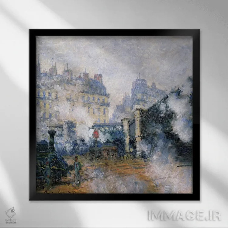 تابلو Gare Saint-Lazare, 1877,پل اروپا، ایستگاه سن لازار، ۱۸۷۷ اثر کلود مونه (نقاش معروف فرانسوی) - نمای قابدار مشکی