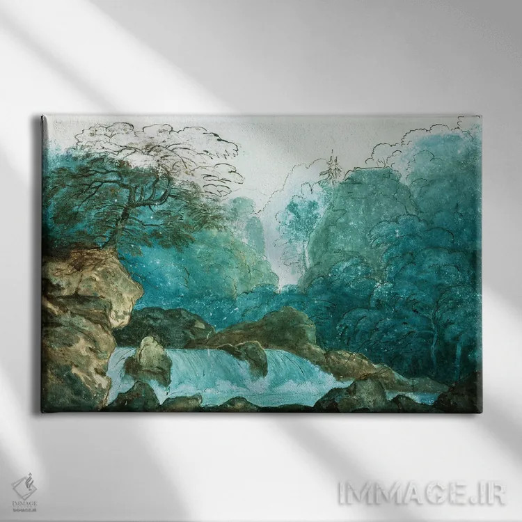 تابلو Set Design For A Production Of 'Undine',آبشار در جنگل، طراحی صحنه برای اجرای اُنباوره اثر کارل فریدریش شینکل - نمای روبهرو روی دیوار