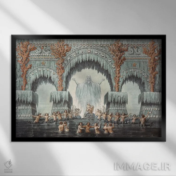 تابلو Set Design For A Production Of 'Undine',کاخ آبی مولبورن، طراحی صحنه برای اجرای اُنباوره اثر کارل فریدریش شینکل - نمای قابدار مشکی