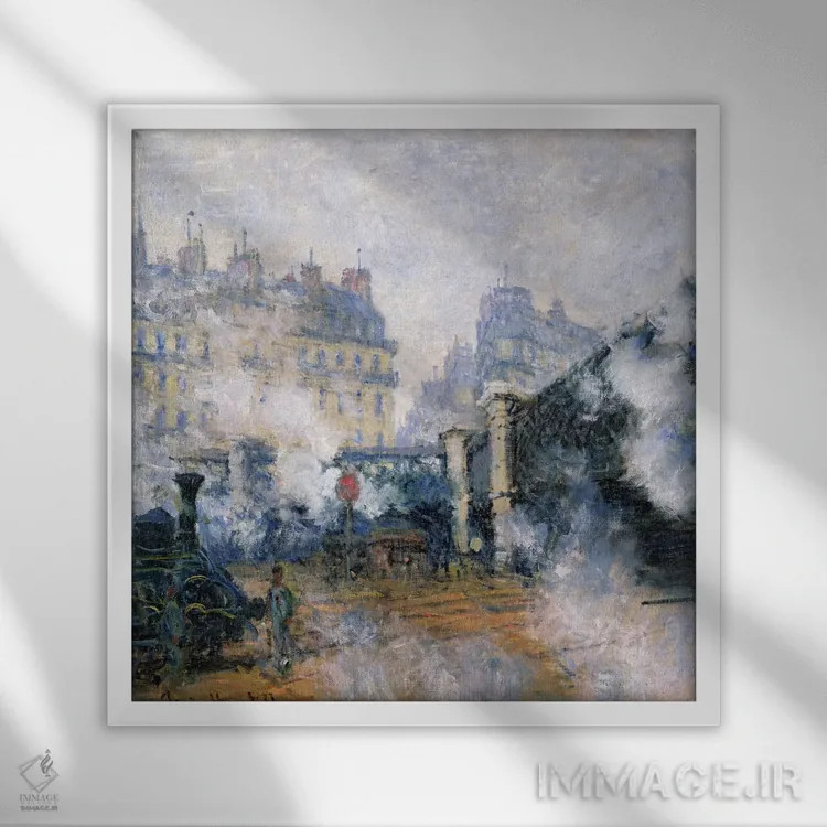 تابلو Gare Saint-Lazare, 1877,پل اروپا، ایستگاه سن لازار، ۱۸۷۷ اثر کلود مونه (نقاش معروف فرانسوی) - نمای قابدار سفید