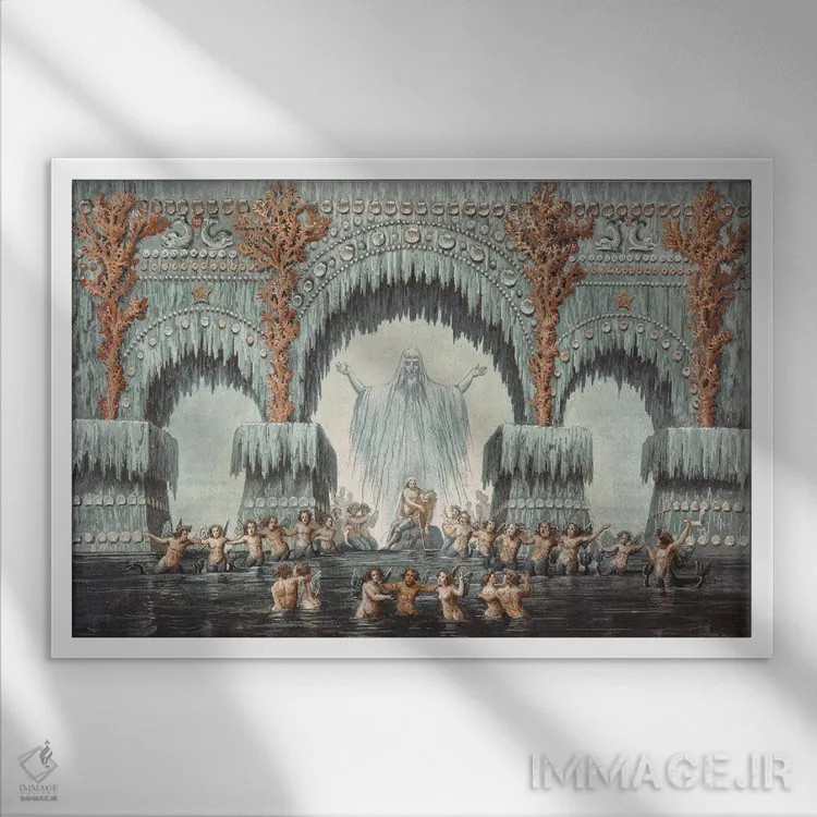 تابلو Set Design For A Production Of 'Undine',کاخ آبی مولبورن، طراحی صحنه برای اجرای اُنباوره اثر کارل فریدریش شینکل - نمای قابدار سفید