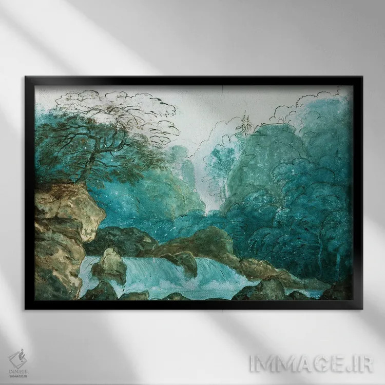 تابلو Set Design For A Production Of 'Undine',آبشار در جنگل، طراحی صحنه برای اجرای اُنباوره اثر کارل فریدریش شینکل - نمای قابدار مشکی
