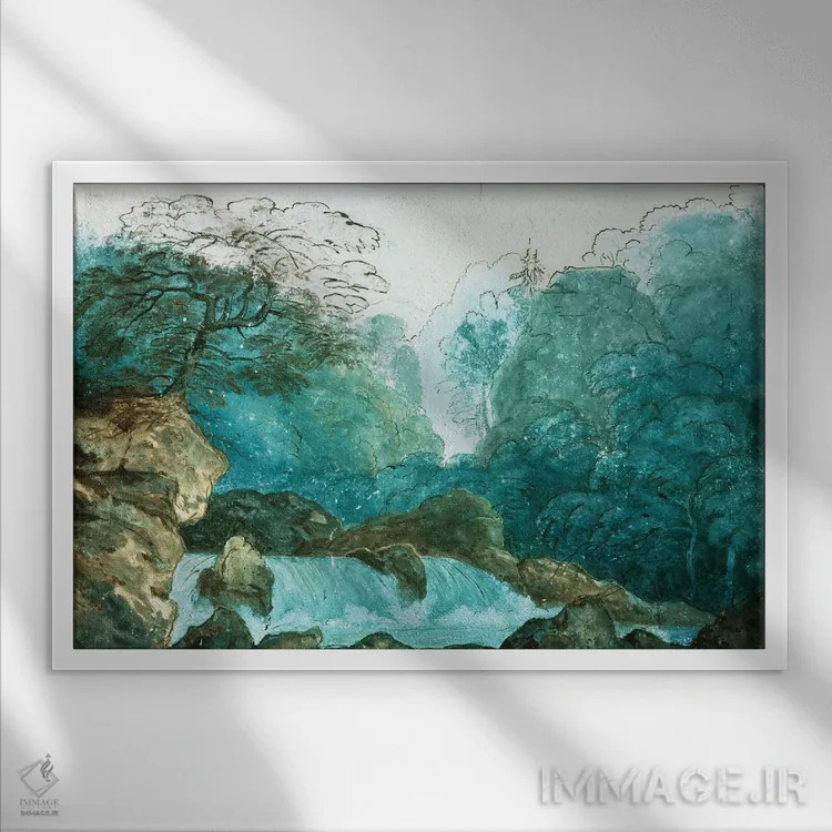 تابلو Set Design For A Production Of 'Undine',آبشار در جنگل، طراحی صحنه برای اجرای اُنباوره اثر کارل فریدریش شینکل - نمای قابدار سفید