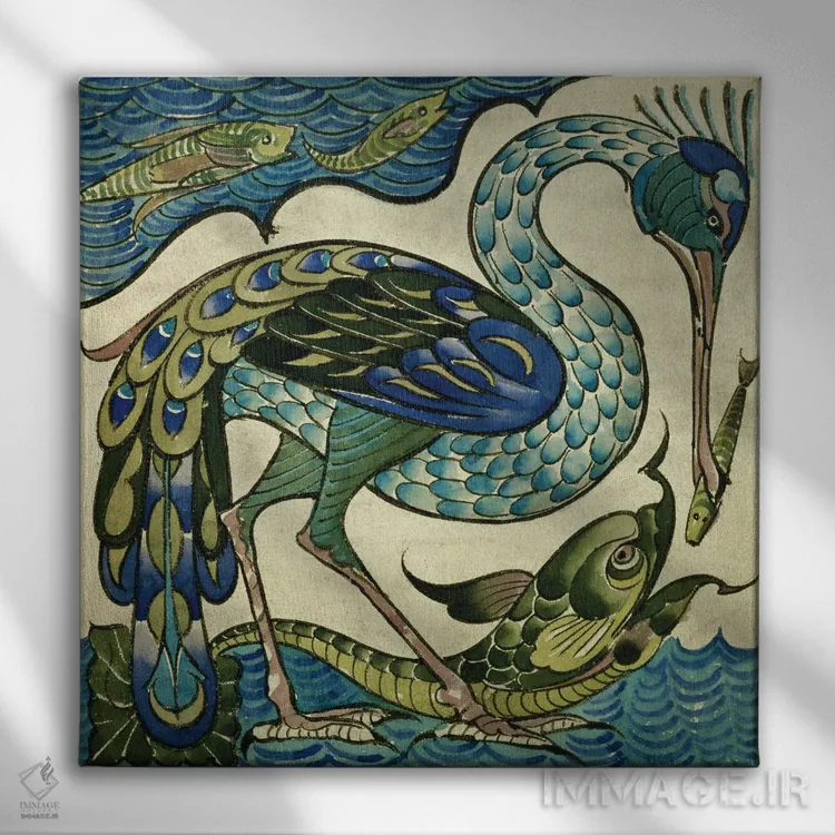 تابلو طراحی کاشی حاوی حواصیل و ماهی اثر والتر کرین - نمای روبهرو روی دیوار