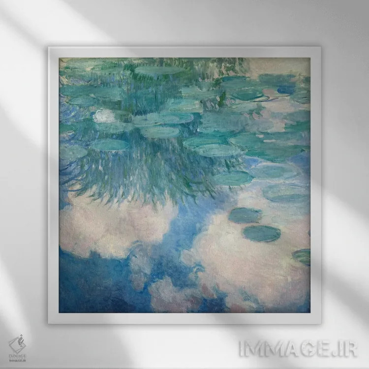 تابلو 1914-17,نیلوفرهای آبی، ۱۹۱۴-۱۹۱۷ اثر کلود مونه (نقاش معروف فرانسوی) - نمای قابدار سفید