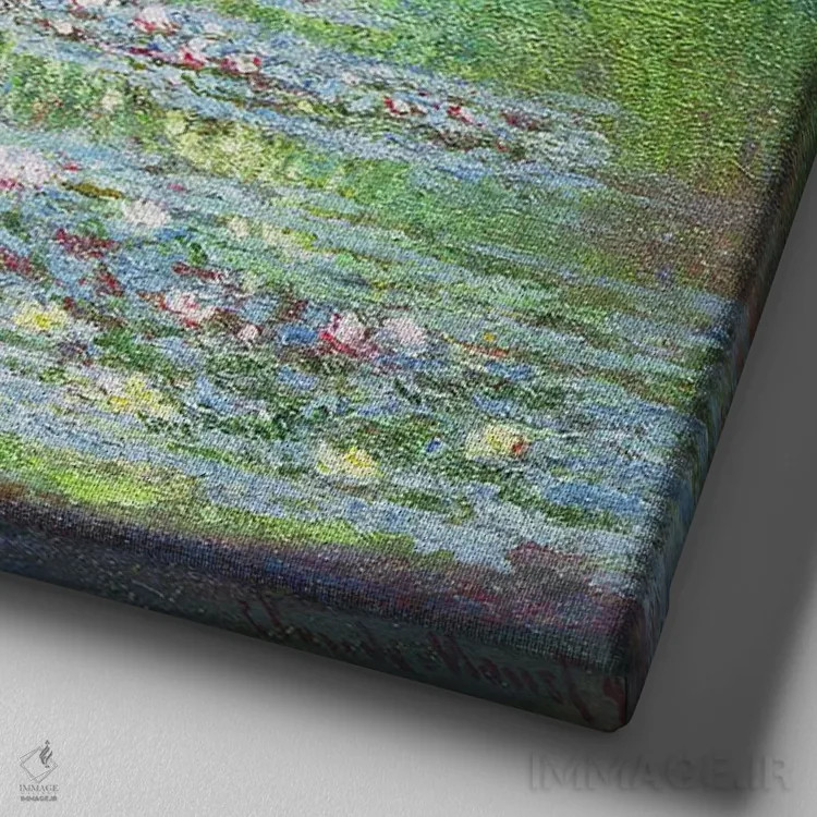 تابلو 1899,برکهٔ نیلوفر آبی با پل ژاپنی، ۱۸۹۹ اثر کلود مونه (نقاش معروف فرانسوی) - نمای نزدیک بافت بوم