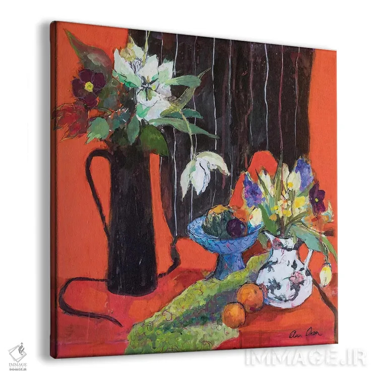 تابلو 2019,طبیعت بیجان آشپزخانه روی زمینه قرمز، ۲۰۱۹ اثر آن اورام - نمای پرسپکتیو محصول