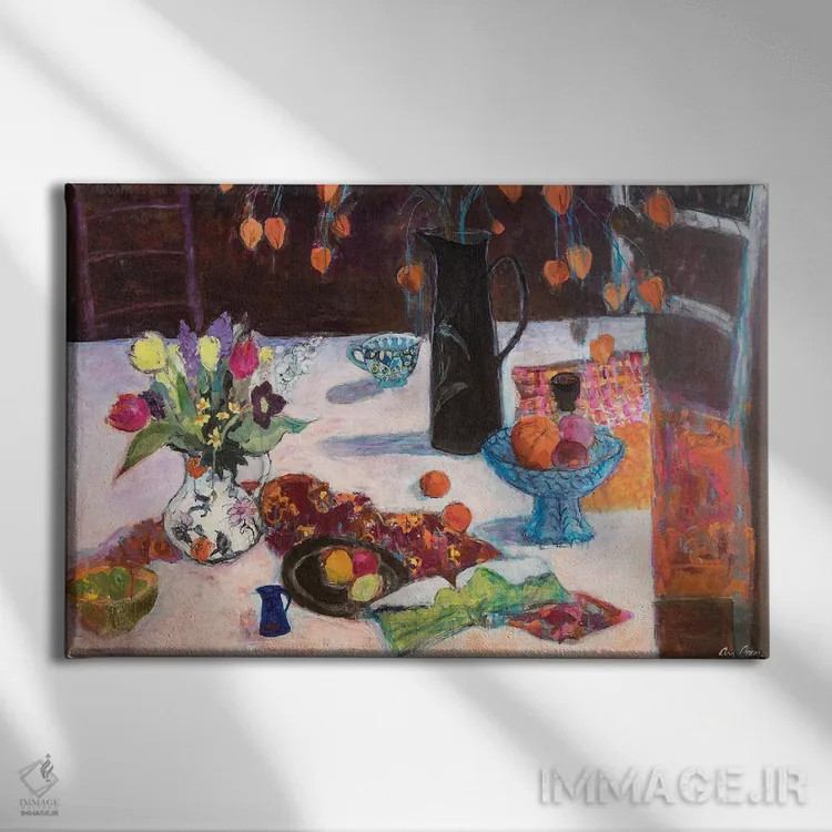 تابلو 2019,طبیعت بیجان آشپزخانه با چراغهای چینی، ۲۰۱۹ اثر آن اورام - نمای روبهرو روی دیوار