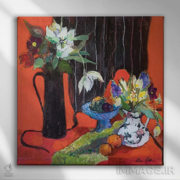 تابلو 2019,طبیعت بیجان آشپزخانه روی زمینه قرمز، ۲۰۱۹ اثر آن اورام - نمای روبهرو روی دیوار