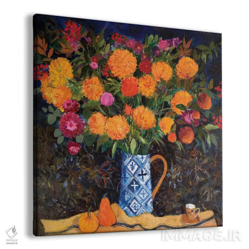 تابلو 2022,گل داوودی نارنجی روی پارچهٔ گلدوزی شده، ۲۰۲۲ اثر آن اورام - نمای پرسپکتیو محصول