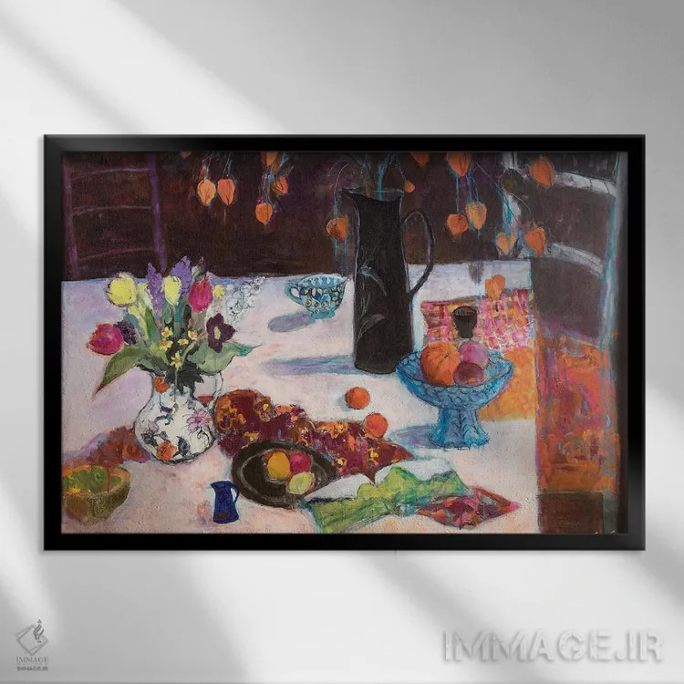 تابلو 2019,طبیعت بیجان آشپزخانه با چراغهای چینی، ۲۰۱۹ اثر آن اورام - نمای قابدار مشکی