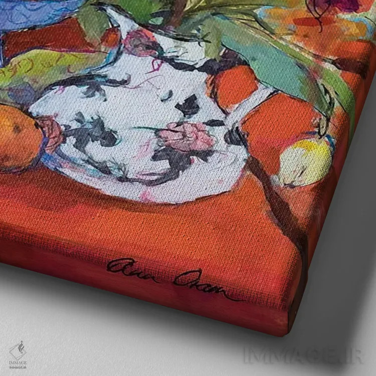 تابلو 2019,طبیعت بیجان آشپزخانه روی زمینه قرمز، ۲۰۱۹ اثر آن اورام - نمای نزدیک بافت بوم