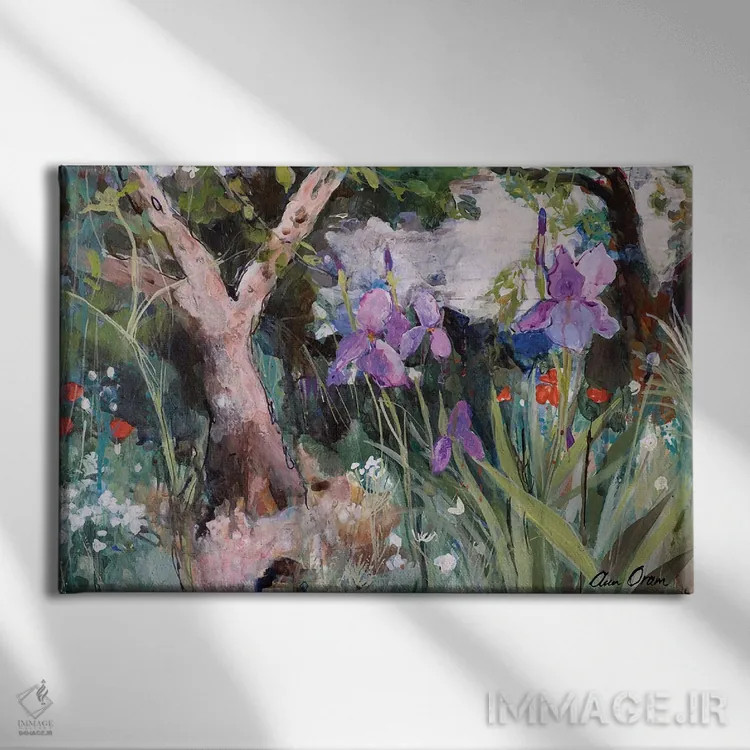 تابلو 2019,باغ مدیترانهای با زنبق، ۲۰۱۹ اثر آن اورام - نمای روبهرو روی دیوار