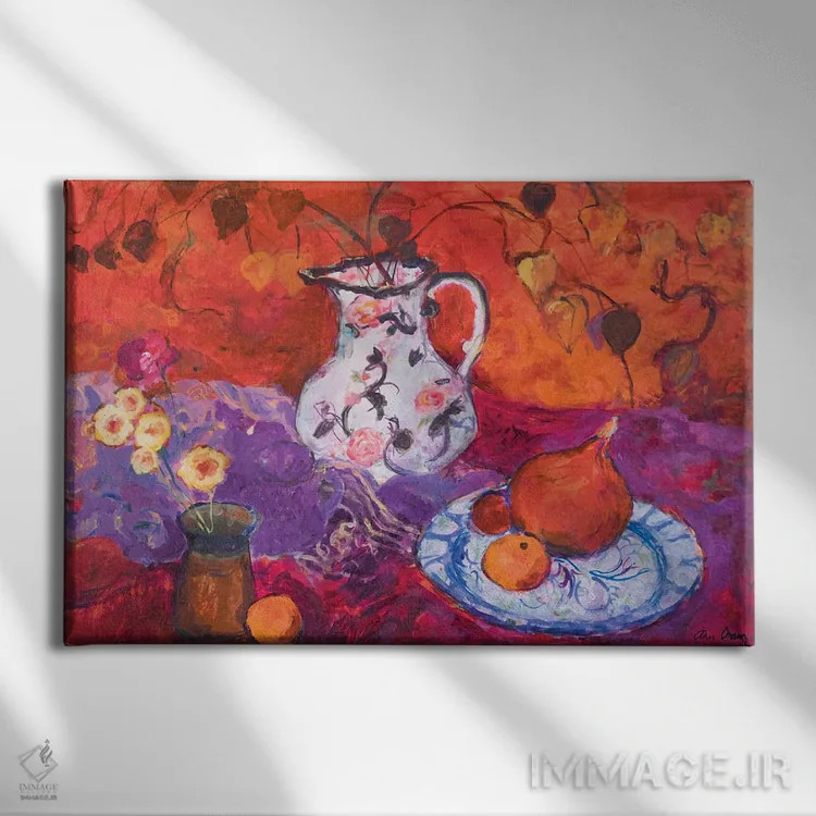 تابلو طبیعت بیجان قرمز با چراغ چینی اثر آن اورام - نمای روبهرو روی دیوار