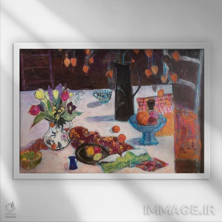 تابلو 2019,طبیعت بیجان آشپزخانه با چراغهای چینی، ۲۰۱۹ اثر آن اورام - نمای قابدار سفید