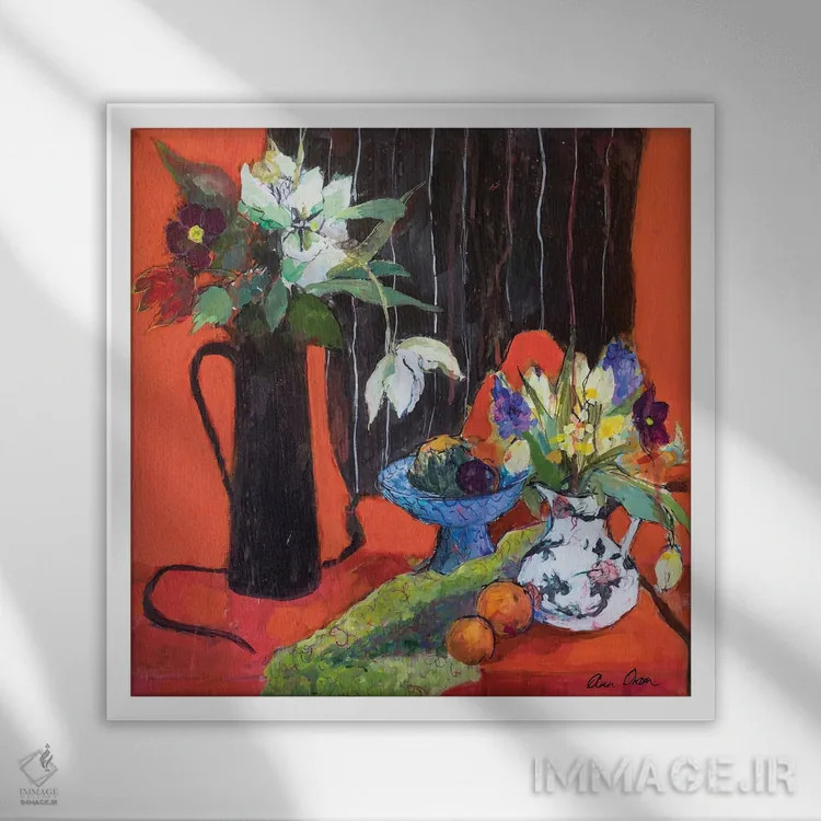 تابلو 2019,طبیعت بیجان آشپزخانه روی زمینه قرمز، ۲۰۱۹ اثر آن اورام - نمای قابدار سفید