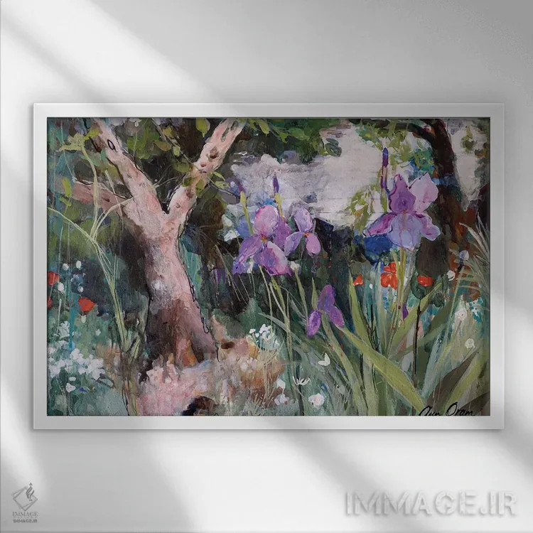 تابلو 2019,باغ مدیترانهای با زنبق، ۲۰۱۹ اثر آن اورام - نمای قابدار سفید