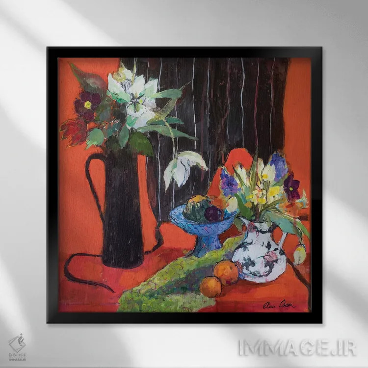 تابلو 2019,طبیعت بیجان آشپزخانه روی زمینه قرمز، ۲۰۱۹ اثر آن اورام - نمای قابدار مشکی