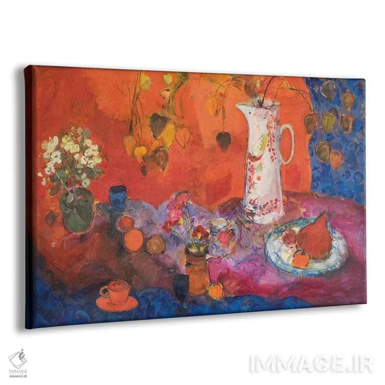 تابلو طبیعت بیجان قرمز با کوزه سفید و میوه اثر آن اورام - نمای پرسپکتیو محصول