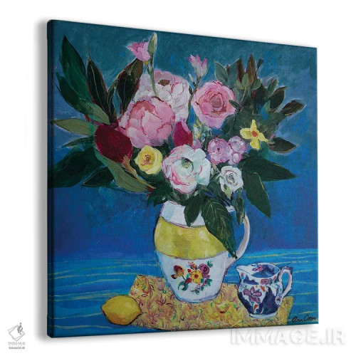 تابلو 2021,گل صدتومانی در کوزهٔ زرد و سفید، ۲۰۲۱ اثر آن اورام - نمای پرسپکتیو محصول