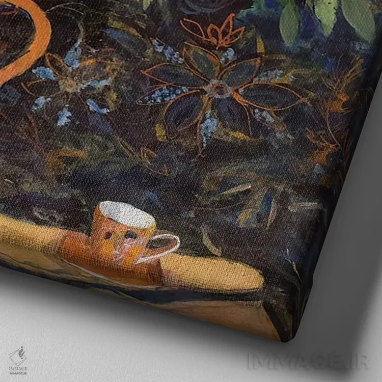 تابلو 2022,گل داوودی نارنجی روی پارچهٔ گلدوزی شده، ۲۰۲۲ اثر آن اورام - نمای نزدیک بافت بوم