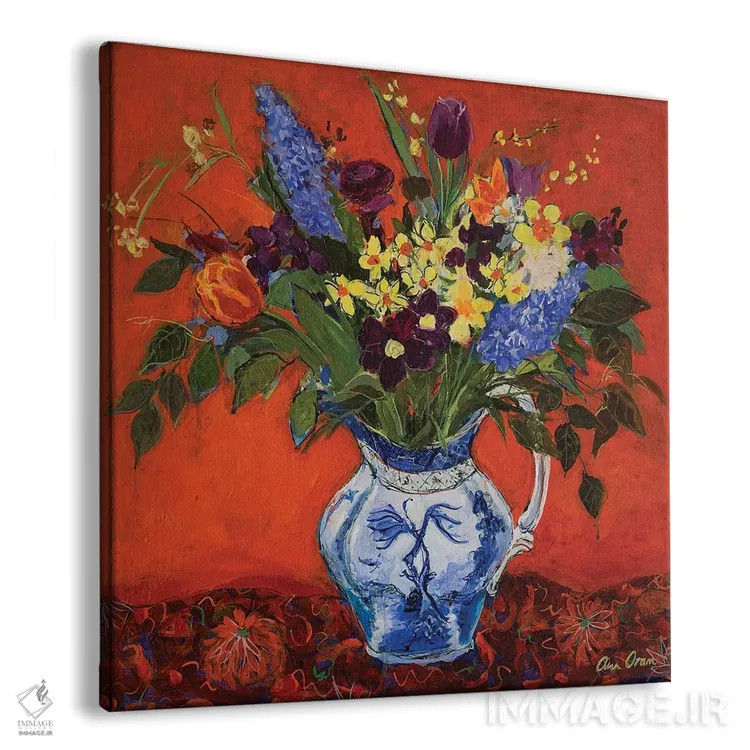 تابلو 2017,گلهای بهاری روی زمینهٔ قرمز، ۲۰۱۷ اثر آن اورام - نمای پرسپکتیو محصول