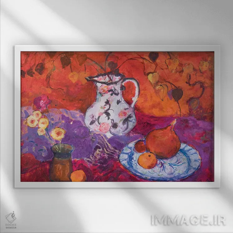 تابلو طبیعت بیجان قرمز با چراغ چینی اثر آن اورام - نمای قابدار سفید