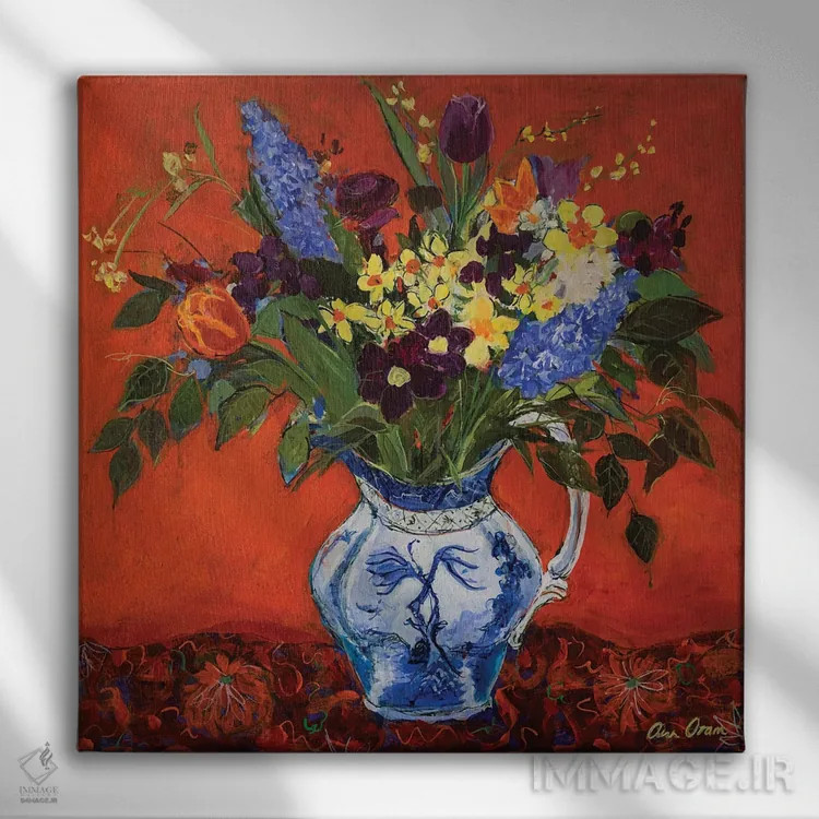 تابلو 2017,گلهای بهاری روی زمینهٔ قرمز، ۲۰۱۷ اثر آن اورام - نمای روبهرو روی دیوار