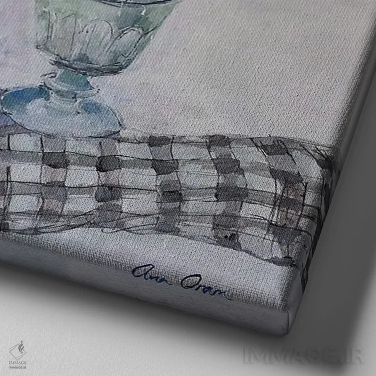 تابلو 2019,طبیعت بیجان با لاله سفید و یک لیوان، ۲۰۱۹ اثر آن اورام - نمای نزدیک بافت بوم