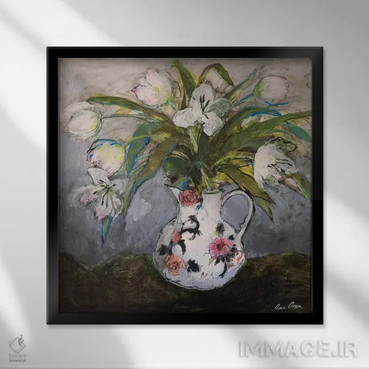 تابلو 2019,لالههای سفید در کوزهای از سنگ آهنی، ۲۰۱۹ اثر آن اورام - نمای قابدار مشکی