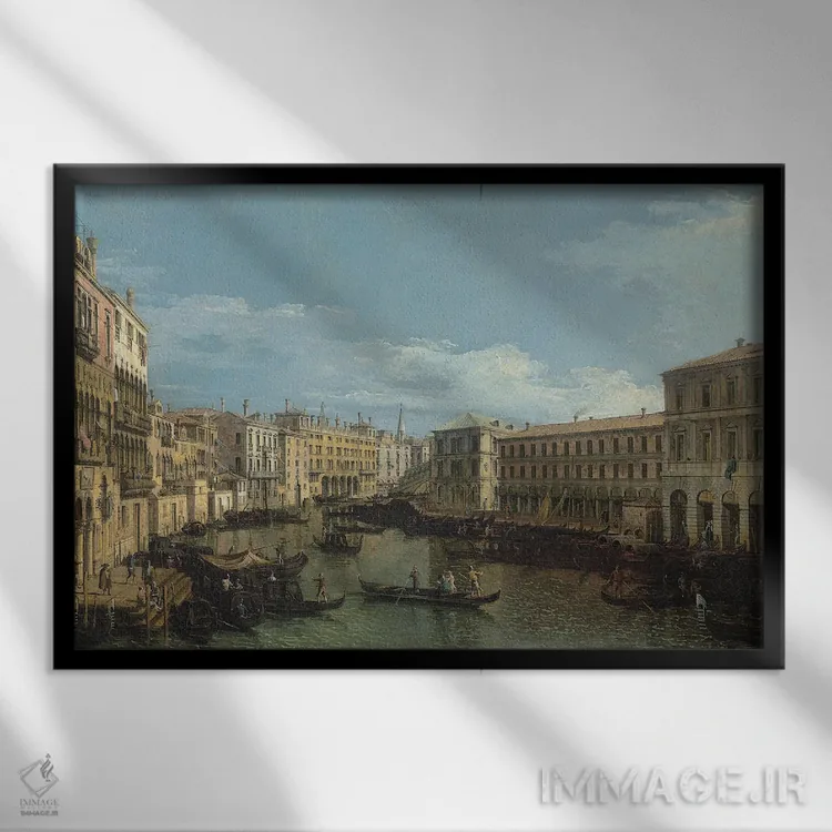 تابلو With The Rialto Bridge, C.1720-80,کانال بزرگ ونیز از کا دا موستو تا فابریکه نووه، با پل ریالتو، حدود ۱۷۲۰-۱۷۸۰ اثر کانالتو (نقاش ایتالیایی ونیزی منظره) - نمای قابدار مشکی